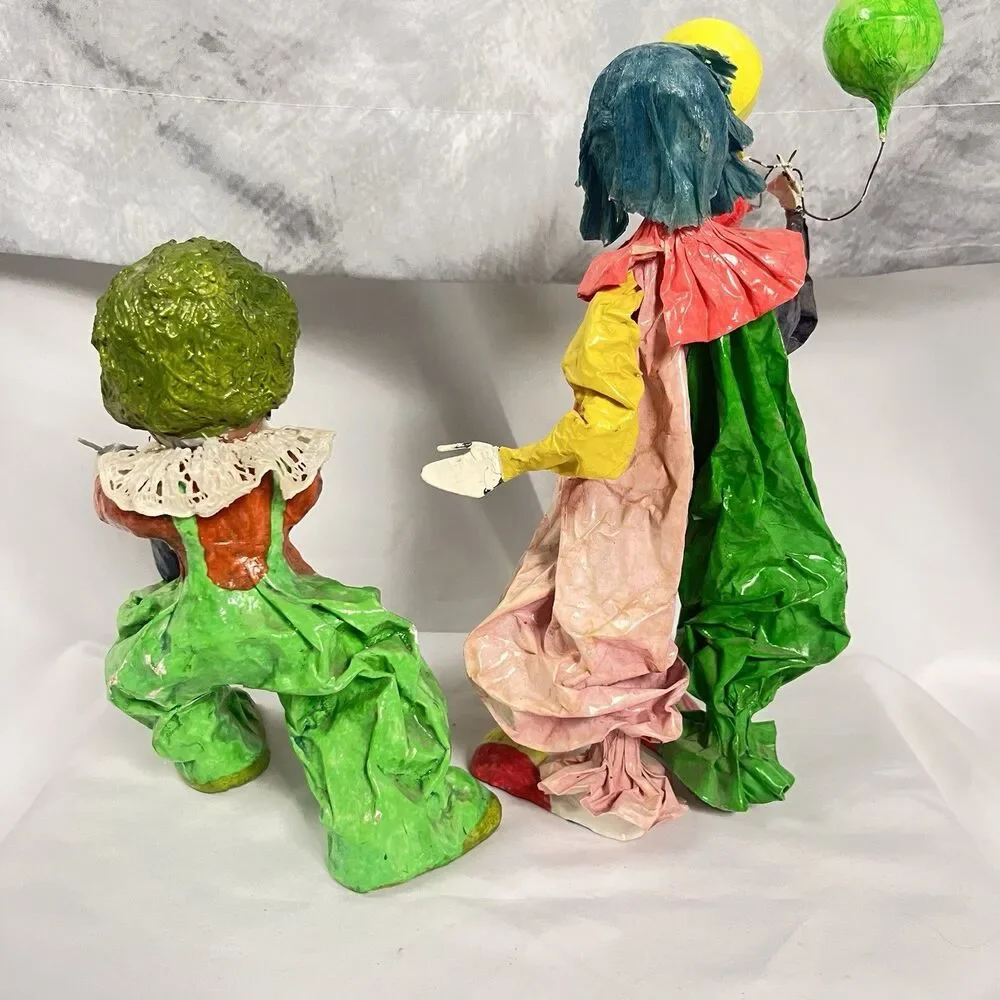 Lot Of 2 Vintage Hand Made Paper Mache Clowns Folk Art Mexico Beautiful EUC